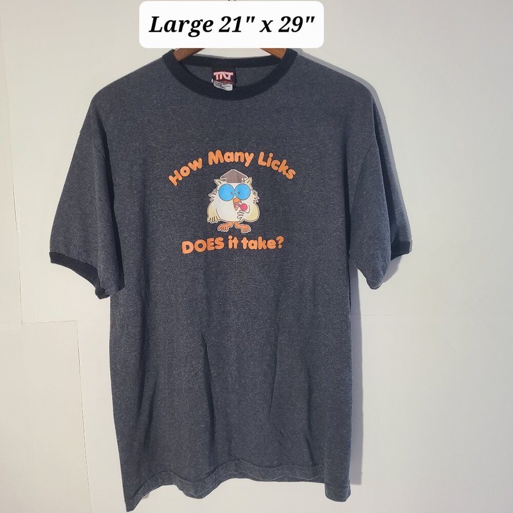 Vintage Y2K Tootise Pop Owl "How many licks does it take?" Gray Large Ringer Tee